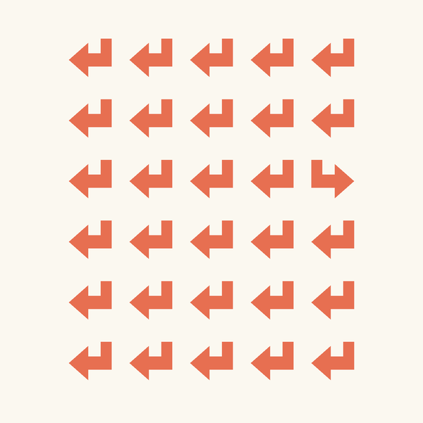 Odd one out puzzle: six rows of five arrows, one arrow is flipped